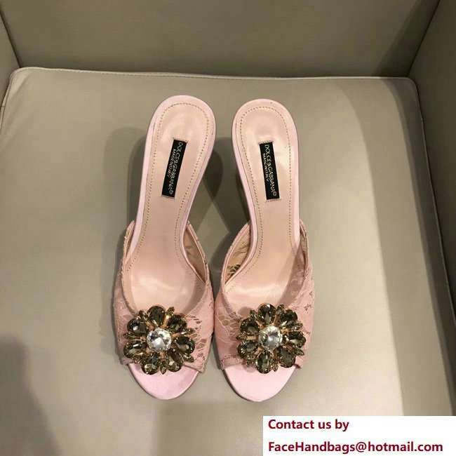 Dolce  &  Gabbana Heel 7cm Slippers Pink In Lace With Crystals 2018